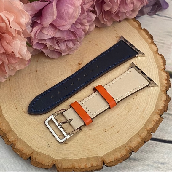 Two Tone Navy & Cream Leather Watchband for Apple - Picture 6 of 11